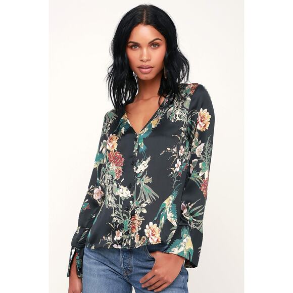 Lulus Darby‎ Floral Shirt Womens Small Dark Charcoal Satin Long Sleeve Going Out - Picture 2 of 11